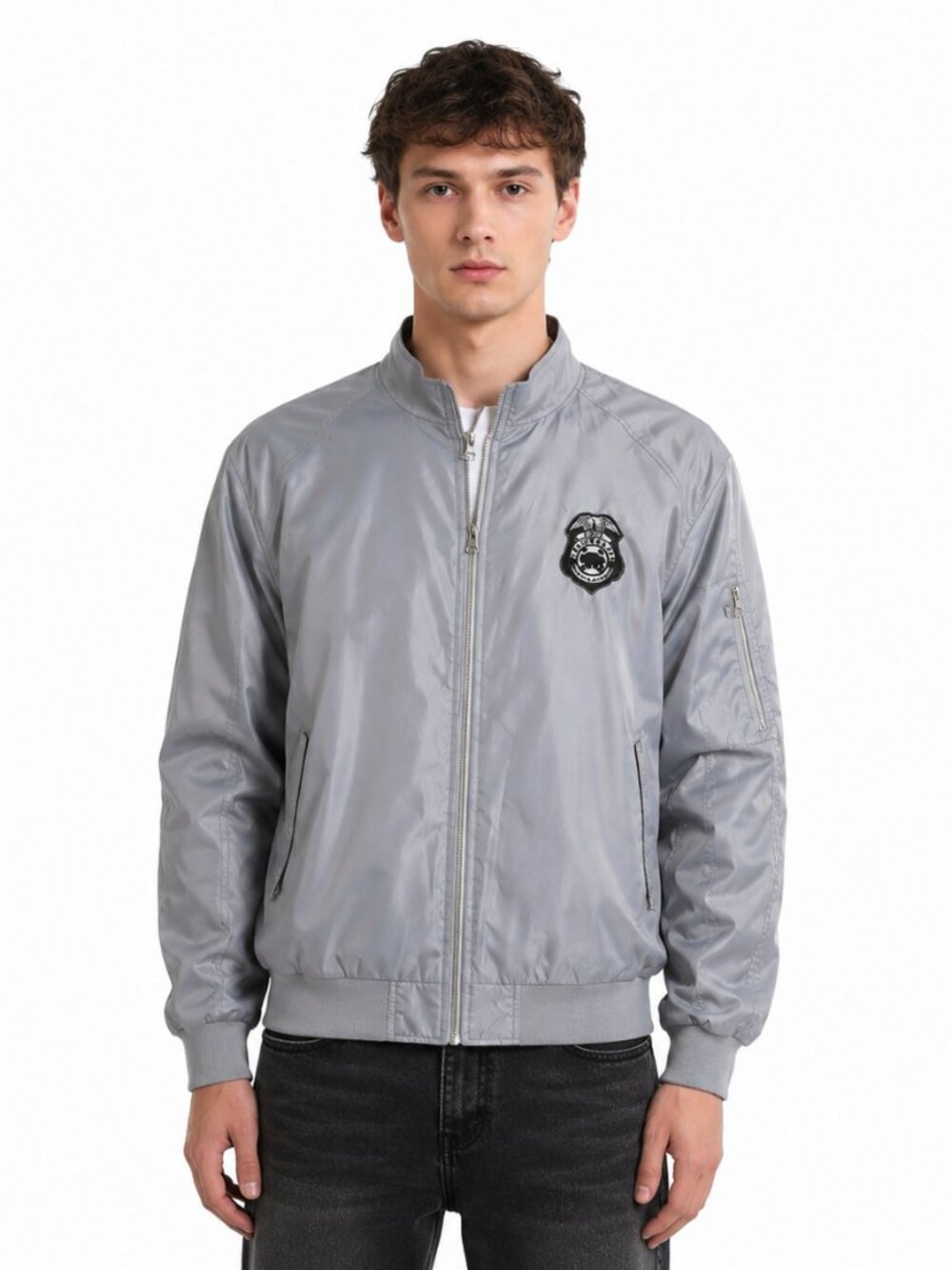 Vintage Y2K Buffalo David Bitton Bomber Jacket Mens L Gray Nylon Full Zip MA-1